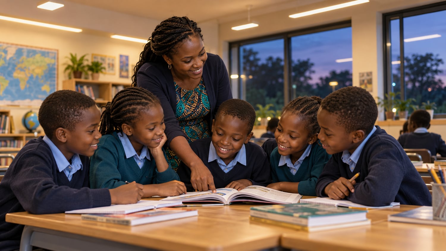 Concept illustration of a teacher and pupils reading in a lit classroom.
