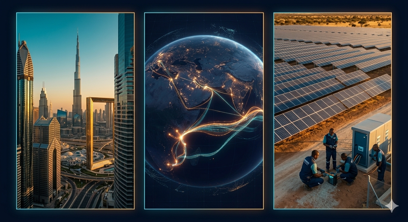 Concept illustration connecting Dubai, an Africa energy network, solar panels and installation teams.