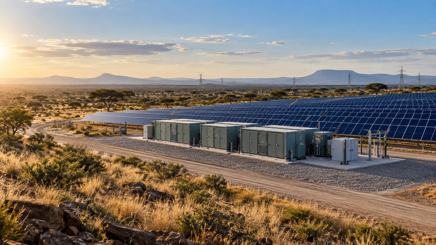 Concept landscape showing solar arrays, battery storage and grid infrastructure together.