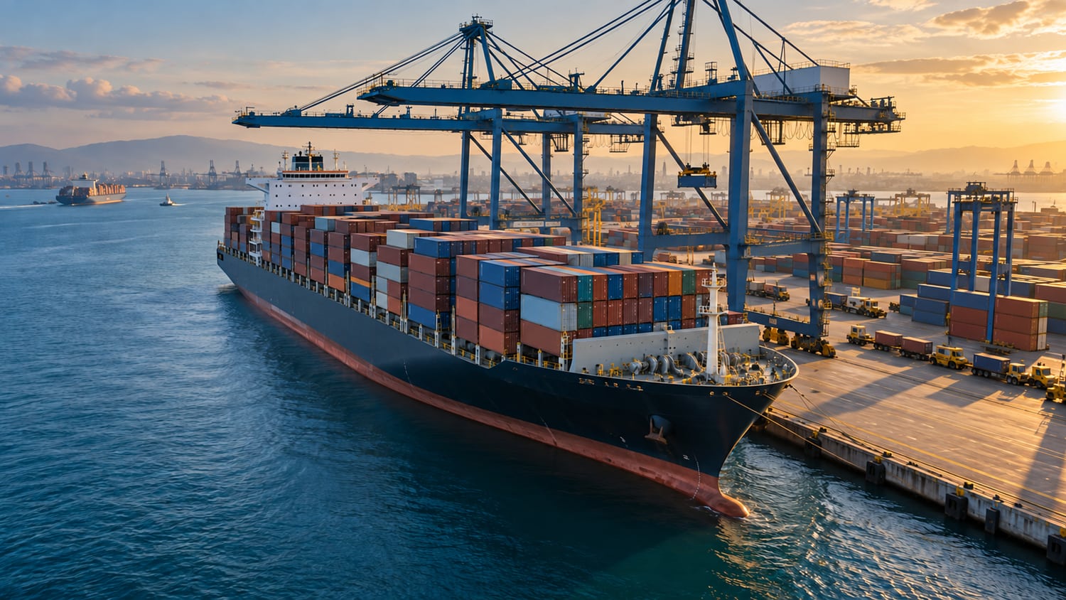Concept illustration of a container ship and port cranes at sunset.