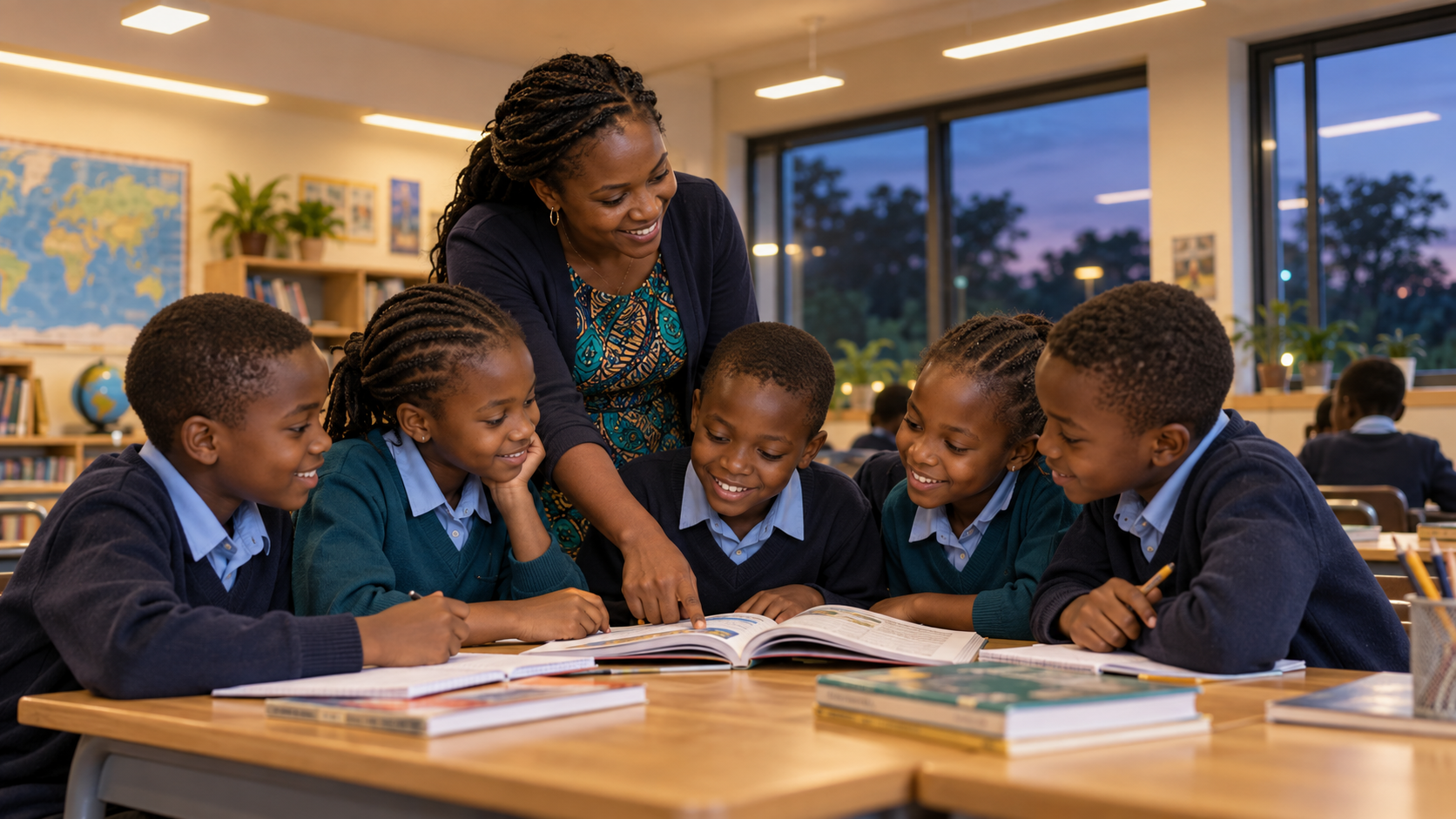 Concept illustration of schoolchildren reading with their teacher in a warmly lit classroom at dusk.
