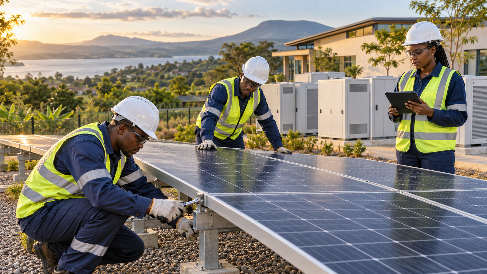 Concept illustration of East African engineers installing solar panels beside battery storage.