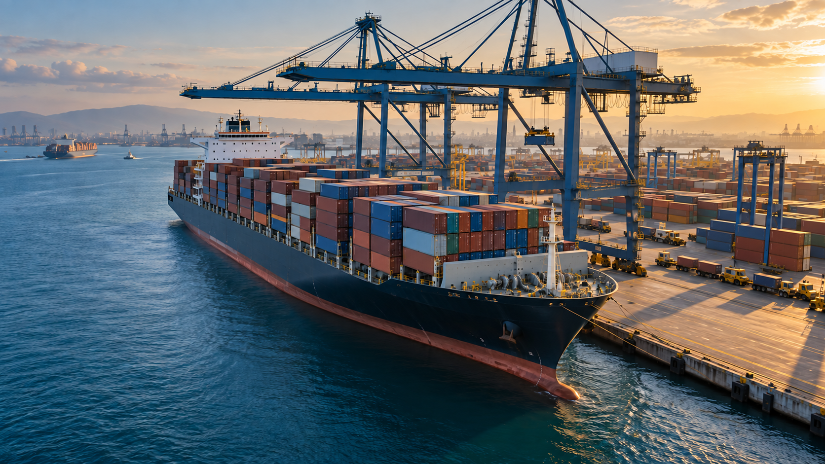 Concept illustration of a container ship beside port cranes in warm evening light.